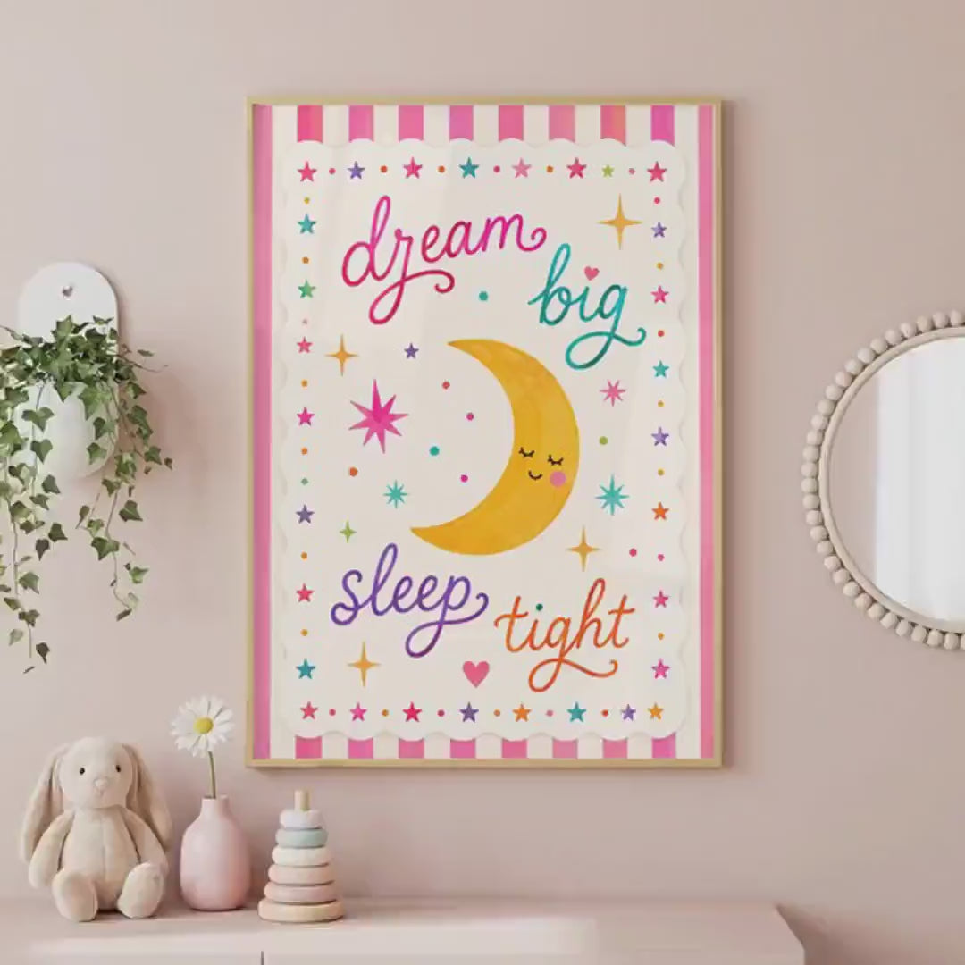 Colourful Nursery Moon And Stars Print, Dream Big Sleep Tight Quote, A4/A3 Cardstock