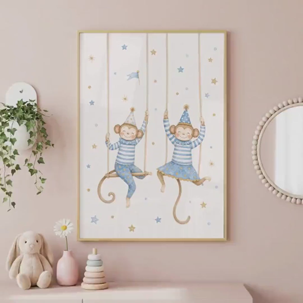 Monkey Nursery Print, Soft Blue Safari Animal Art in A4 or A3 Sizes