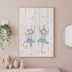 Monkey Nursery Print, Soft Blue Safari Animal Art in A4 or A3 Sizes