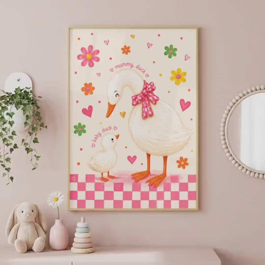 Duck Nursery Print, Mummy And Baby Illustration, Floral Pink Gingham Border