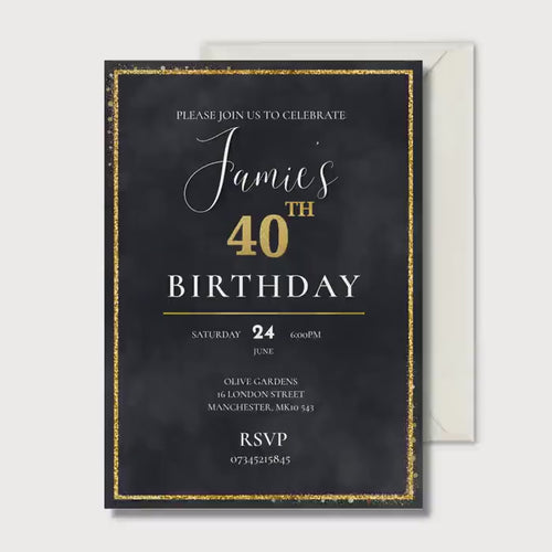 40th Birthday Invitation, Black Gold Party Invite, Personalised Digital Invite, Adult Birthday PDF