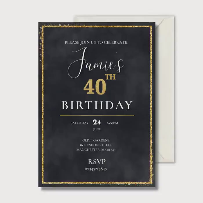 40th Birthday Invitation, Black Gold Party Invite, Personalised Digital Invite, Adult Birthday PDF