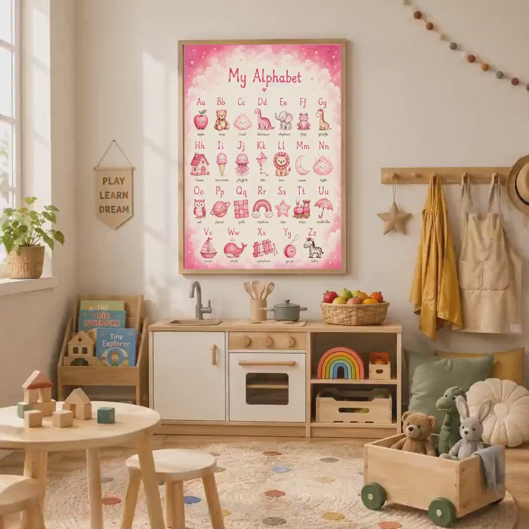 Pink Alphabet Nursery Print, ABC Educational Wall Art, Girls Learning Poster, Preschool Playroom Decor, A4 A3