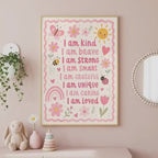 Affirmation Print for Kids, A4 or A3 Soft Pink Floral Nursery Decor