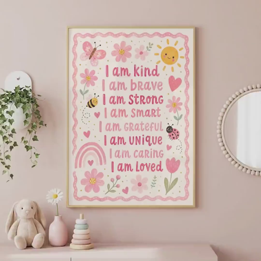 Affirmation Print for Kids, A4 or A3 Soft Pink Floral Nursery Decor