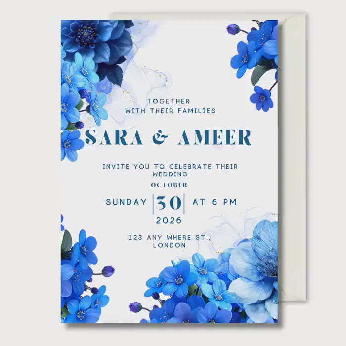 Something Blue Wedding Invitation, Blue Floral Wedding Invite, Personalised Invitation
