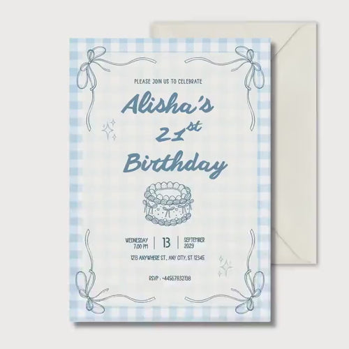 21st Birthday Invitation Blue Gingham, Coquette Party Invite, Personalised Invitation
