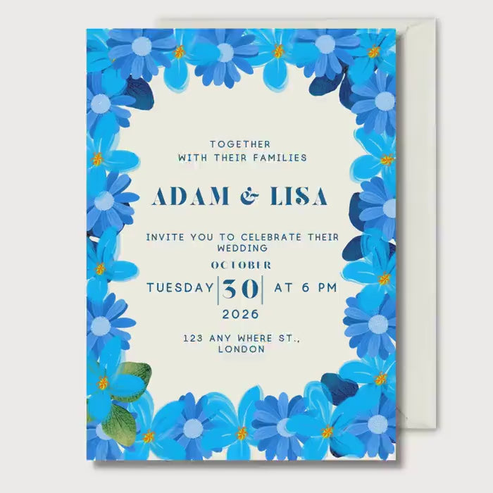 Blue Floral Wedding Invitation, Elegant Wedding Invite, Personalised Invitation
