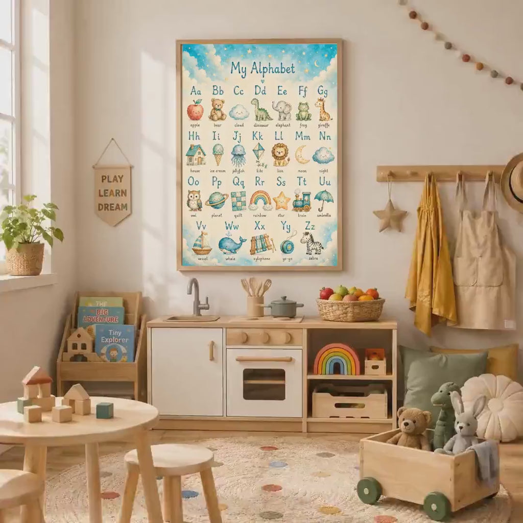 Blue Alphabet Nursery Print, ABC Educational Wall Art, Boys Learning Poster, Kids Bedroom Decor, Preschool Playroom Print, A4 A3