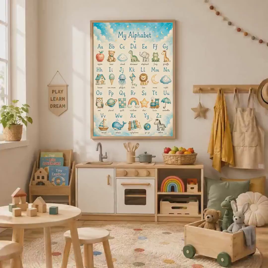 Blue Alphabet Nursery Print, ABC Educational Wall Art, Boys Learning Poster, Kids Bedroom Decor, Preschool Playroom Print, A4 A3