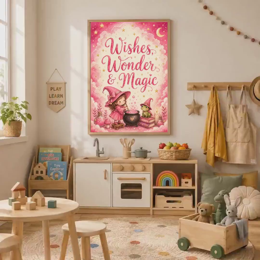 Pink Witch Nursery Print, Wishes Wonder & Magic Wall Art, Girls Magical Bedroom Decor, Whimsical Witch Print, A4 A3