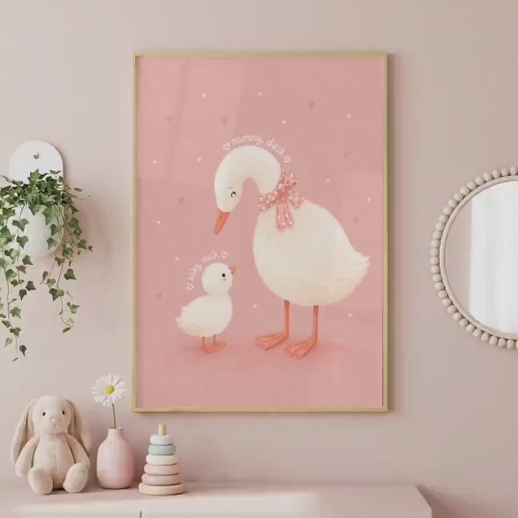 Pink Duck Nursery Print, Mummy And Baby Illustration, A4 A3 Unframed Wall Decor