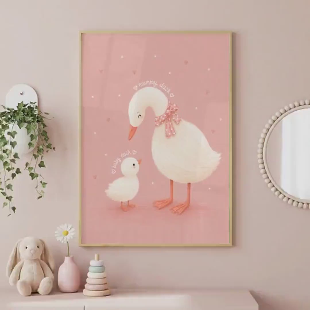 Pink Duck Nursery Print, Mummy And Baby Illustration, A4 A3 Unframed Wall Decor