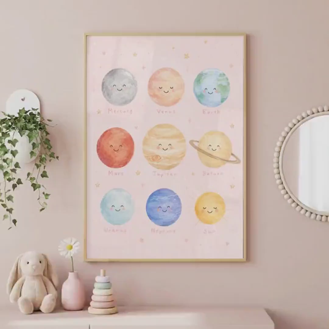 Pink Solar System Print, Planet Nursery Poster, Girls Space Bedroom Decor, Educational Planet Wall Art, Astronomy Nursery Print