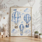 Cloud Nursery Decor Hot Air Balloon Print, Soft Blue Animal Design, A4 A3 Sizes