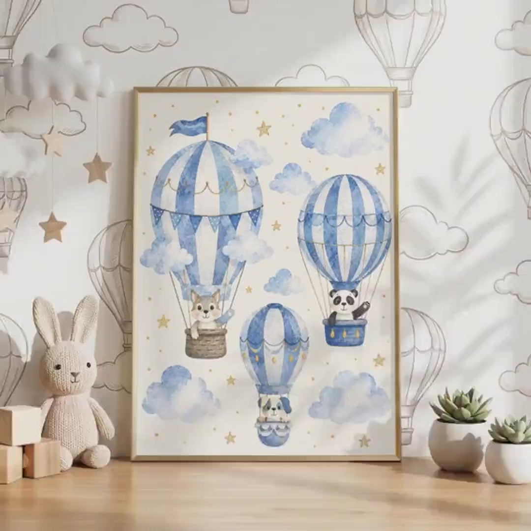 Cloud Nursery Decor Hot Air Balloon Print, Soft Blue Animal Design, A4 A3 Sizes