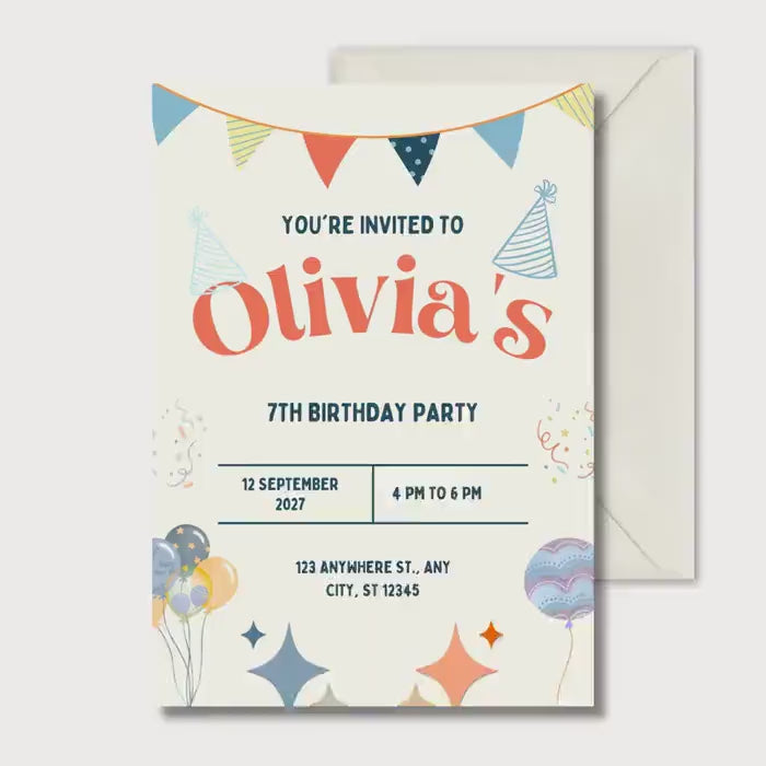Retro 7th Birthday Invitation, Kids Birthday Party Invite, Personalised Digital Invitation