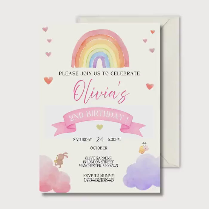 2nd Birthday Invitation, Rainbow Birthday Invite, Personalised Digital Invitation