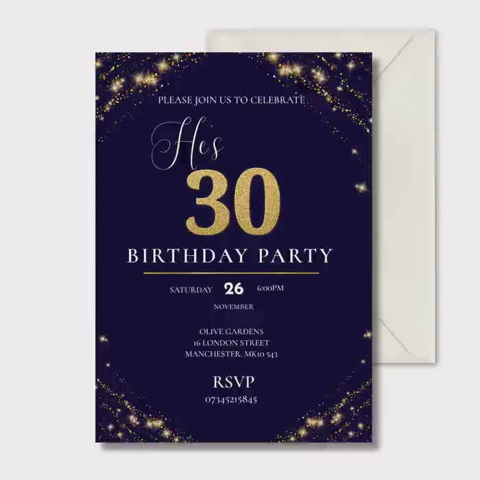 Navy Gold 30th Birthday Invitation, Elegant Milestone Party Invite, Personalised Invite
