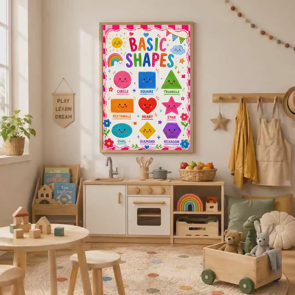 Colourful Shapes Nursery Print, Educational Kids Wall Art, Preschool Learning Poster, Rainbow Playroom Decor, A4 A3