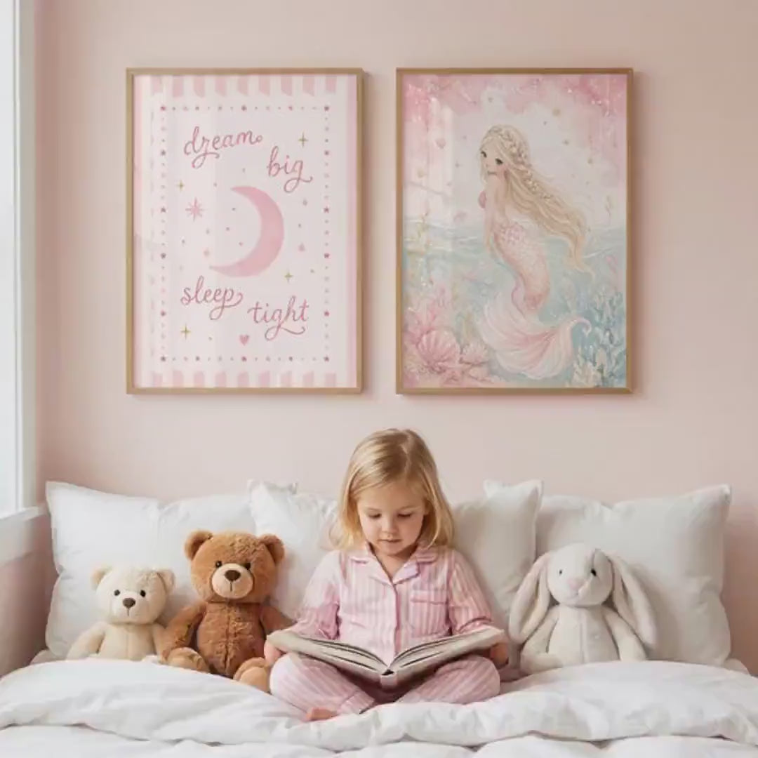 Reading Nook Decor, Pink Nursery Print Set of 2, Mermaid Wall Art, A4/A3