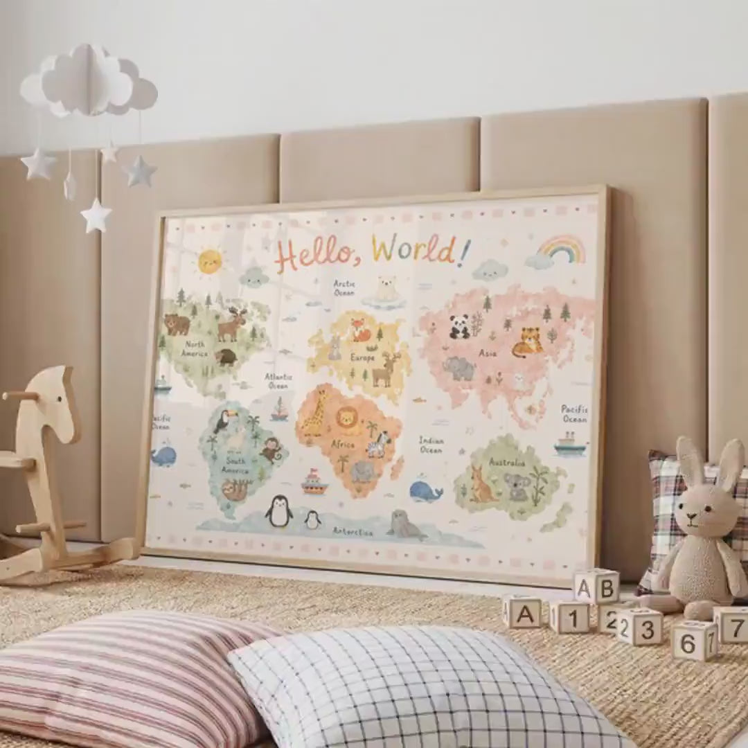 Pastel World Map Print, Kids Educational Decor with Illustrated Animals, A4 A3
