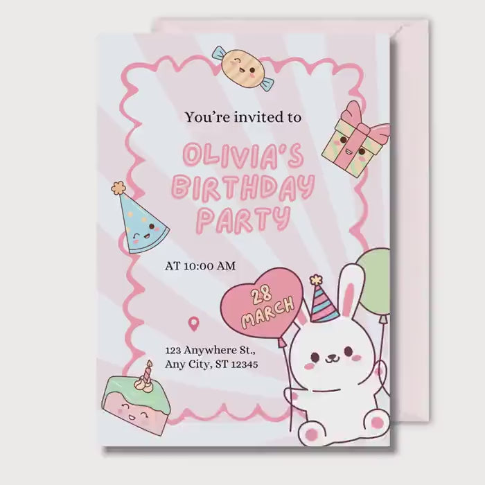 Bunny Birthday Invitation, Kawaii Bunny Party Invite, Personalised Digital Invite, Girls Party PDF