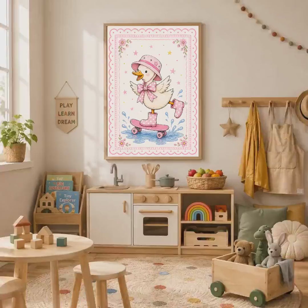 Pink Duck Nursery Print, Skateboarding Duck Wall Art, Girls Bedroom Decor, Cute Animal Nursery Art, A4 A3