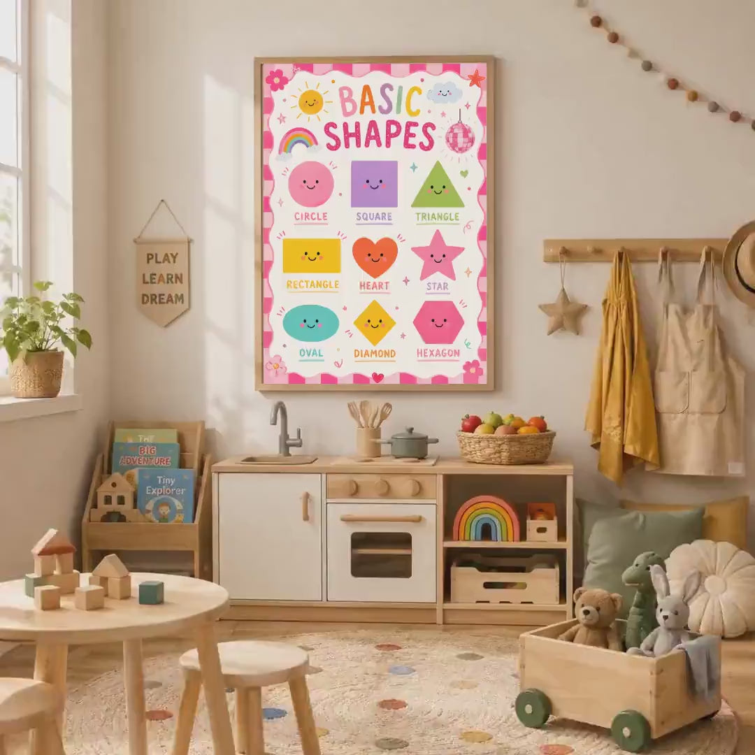 Colourful Shapes Nursery Print, Pink Educational Kids Wall Art, Preschool Learning Poster, Girls Playroom Decor, A4 A3