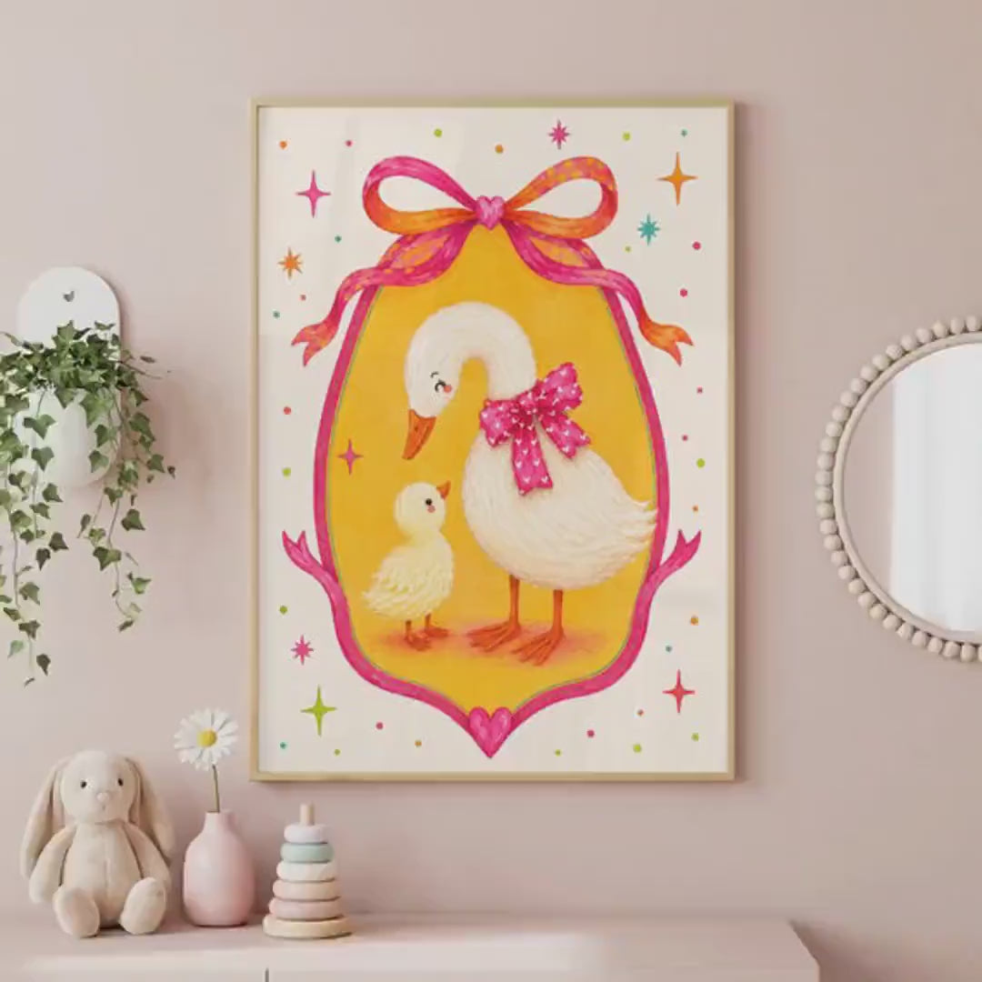 Mother Goose Nursery Print, Pink Bow Duckling Illustration, A4 Or A3 Cardstock