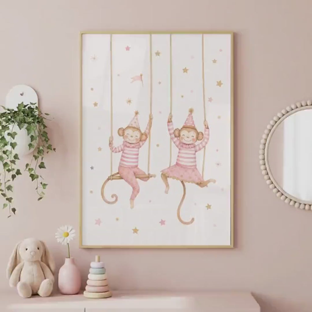 Monkey Nursery Decor Print, Blush Pink Safari Bedroom, Unframed A4 Or A3 Sizes