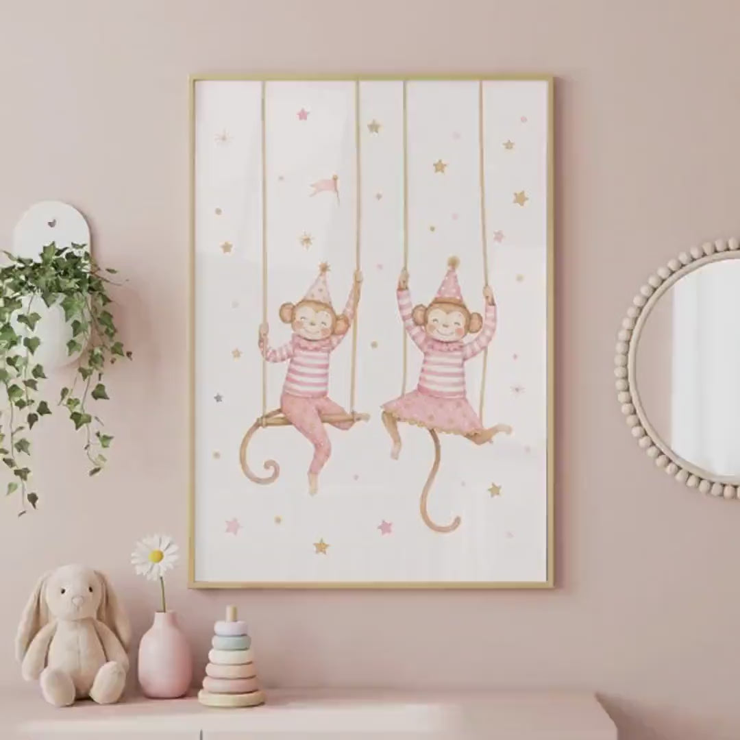 Monkey Nursery Decor Print, Blush Pink Safari Bedroom, Unframed A4 Or A3 Sizes