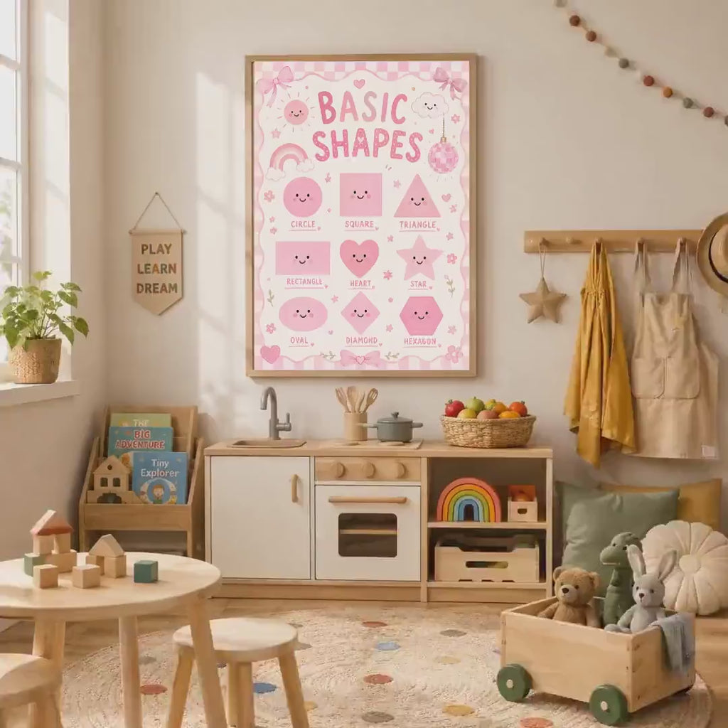 Pink Shapes Nursery Print, Educational Kids Wall Art, Girls Bedroom Decor, Preschool Learning Poster, A4 A3