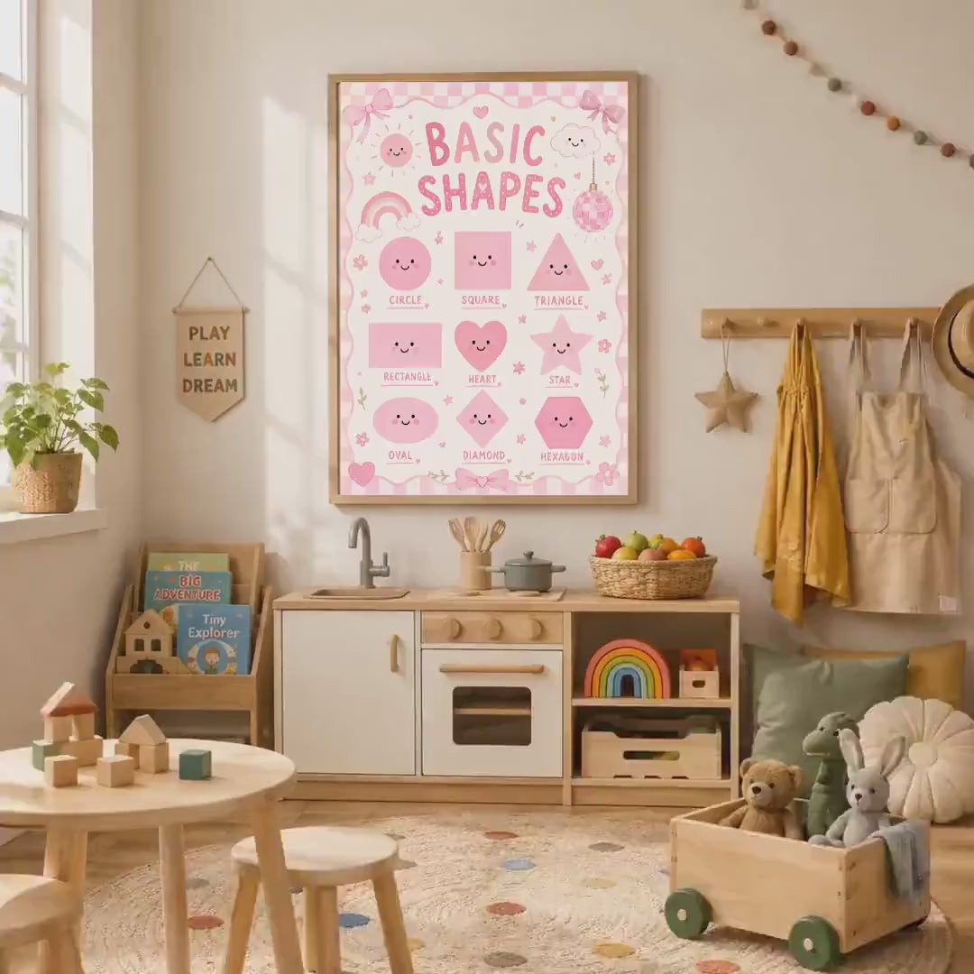 Pink Shapes Nursery Print, Educational Kids Wall Art, Girls Bedroom Decor, Preschool Learning Poster, A4 A3