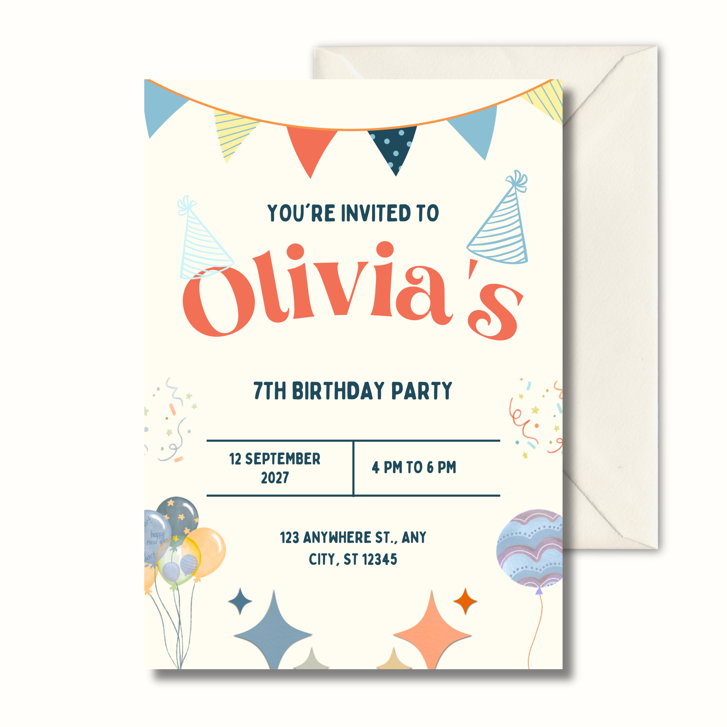 Retro colourful 7th birthday invitation for kids