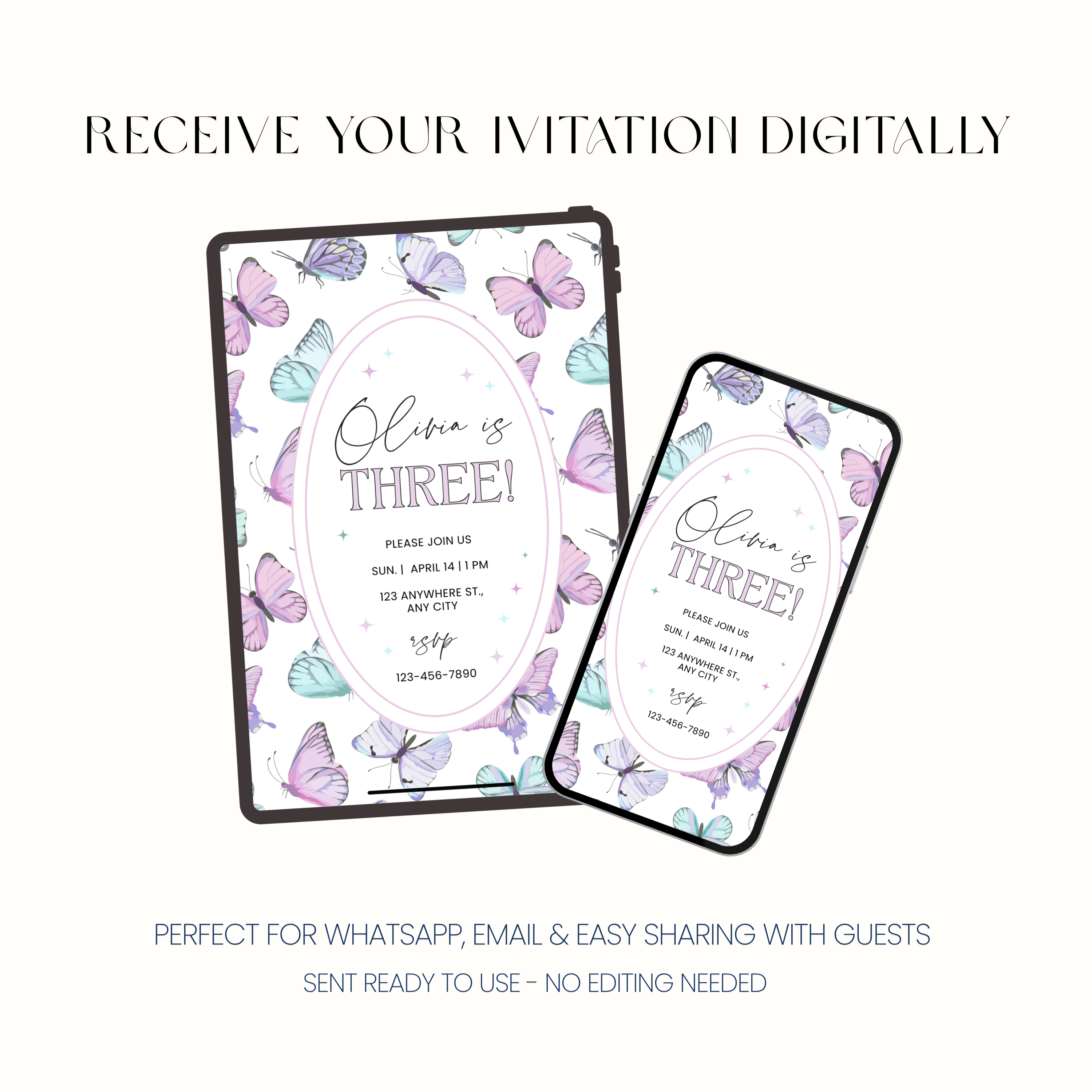 Whimsical pastel butterfly third birthday invitation